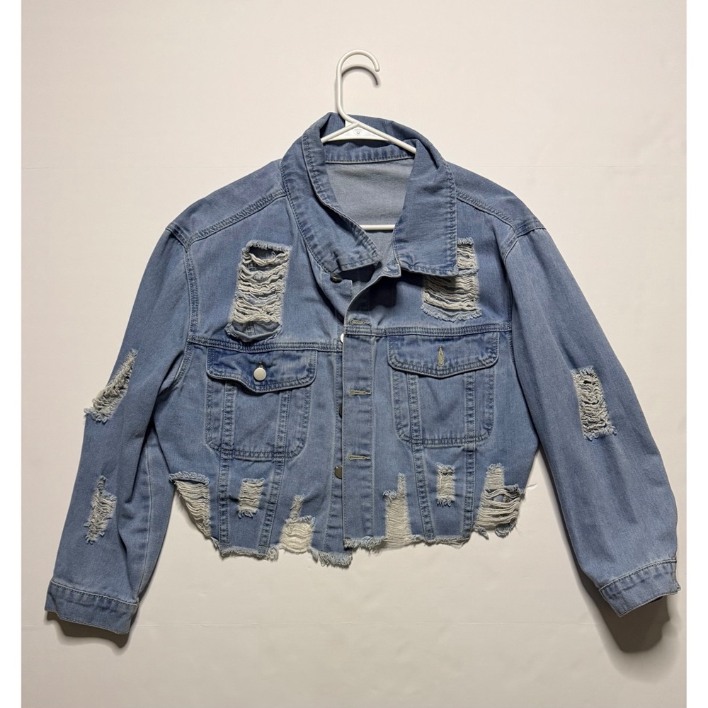 SHEIN Distressed Blue Denim Jacket Size 1XL
